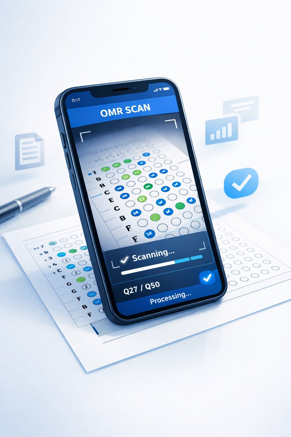 InstaOMR mobile app scanning OMR answer sheet on smartphone